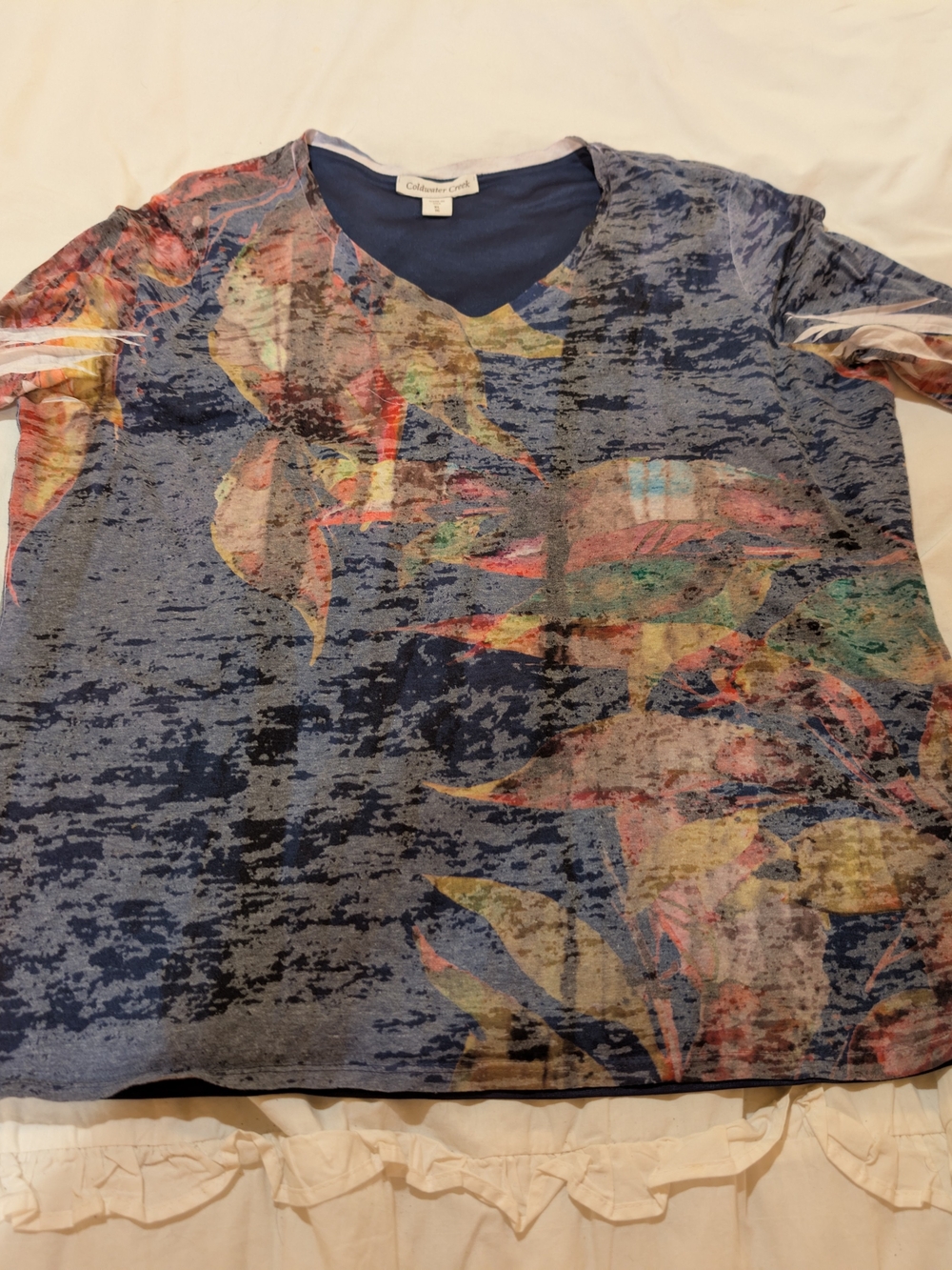 Coldwater Creek Women's 3/4 Sleeve Multicolor Blue Print Tee XL